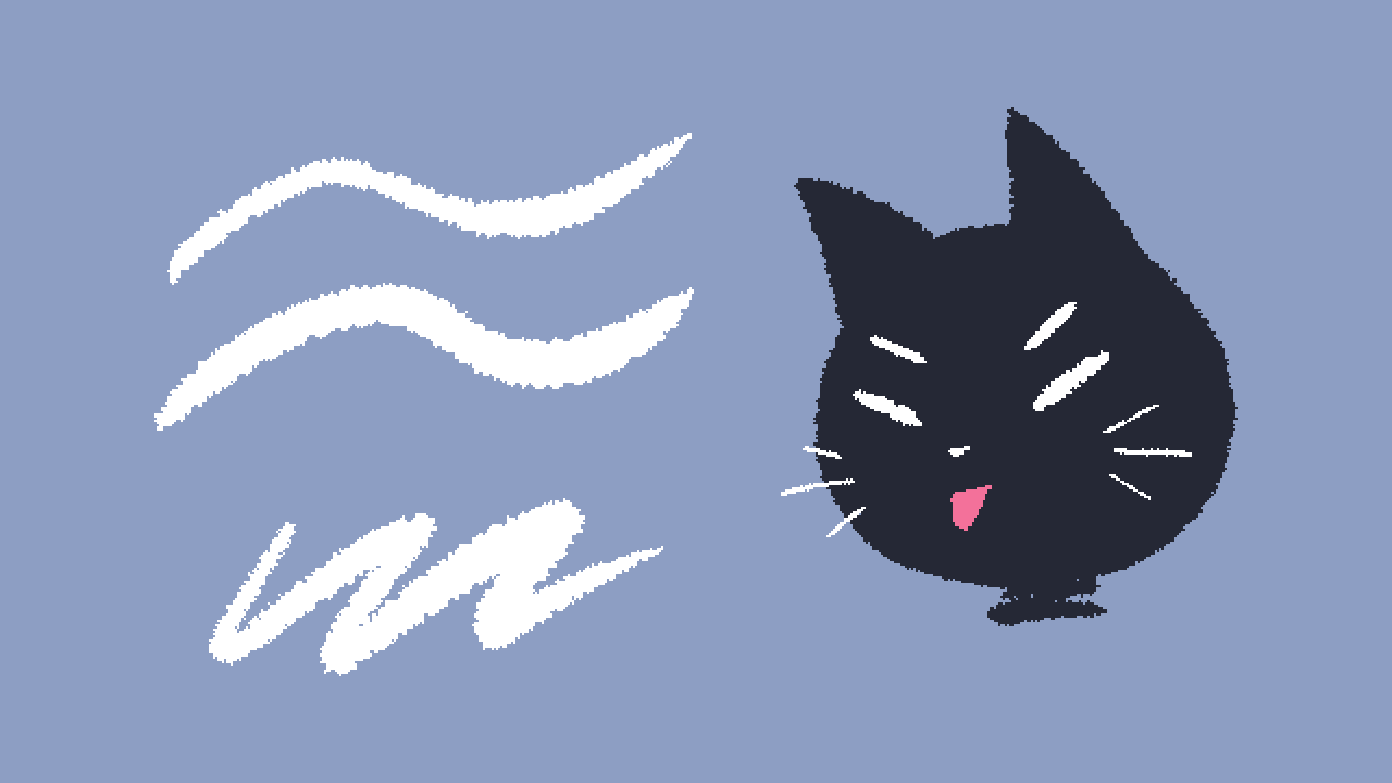 A drawing showing the brush in action, featuring a few wiggly lines and a cat showing you the tongue.